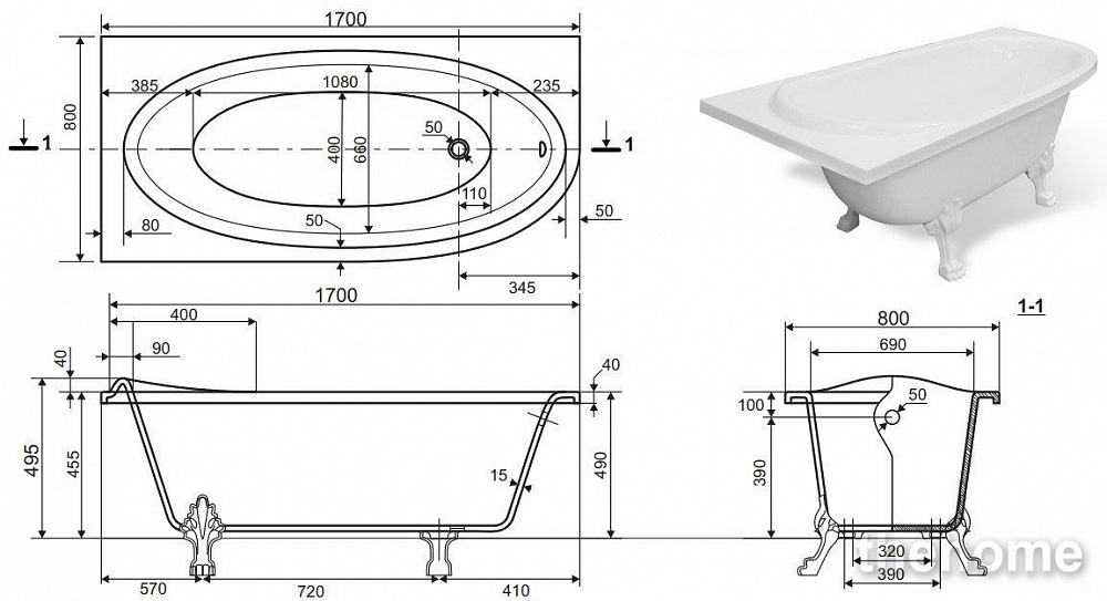 Ванна из искусственного мрамора Эстет Венеция L 170x80 ФР-00001848 - 6