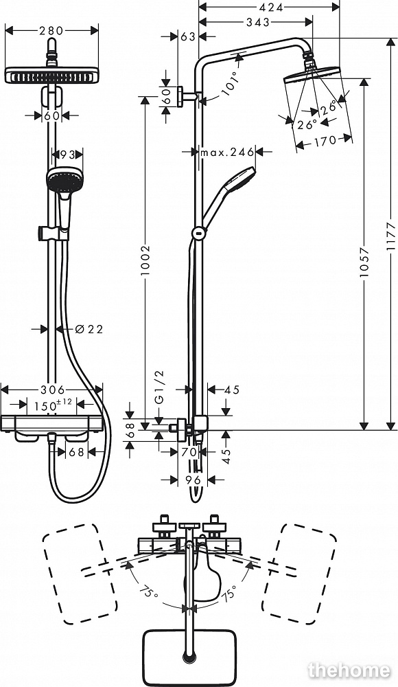 Душевая стойка Hansgrohe Croma E Showerpipe 280 1jet EcoSmart 27660000 с термостатом, хром - 2
