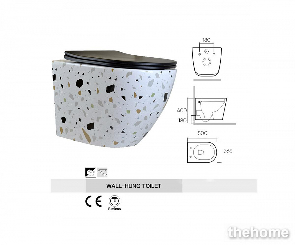 Унитаз подвесной безободковый Bronze de Luxe Terrazzo, крышка черная 2092-B - 3