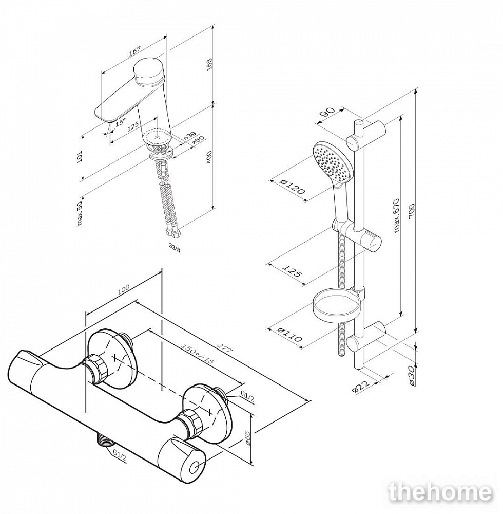 Комплект смесителей 3 в 1 Am.Pm Inspire V2.0 F40950A03 термостатический, хром - 10