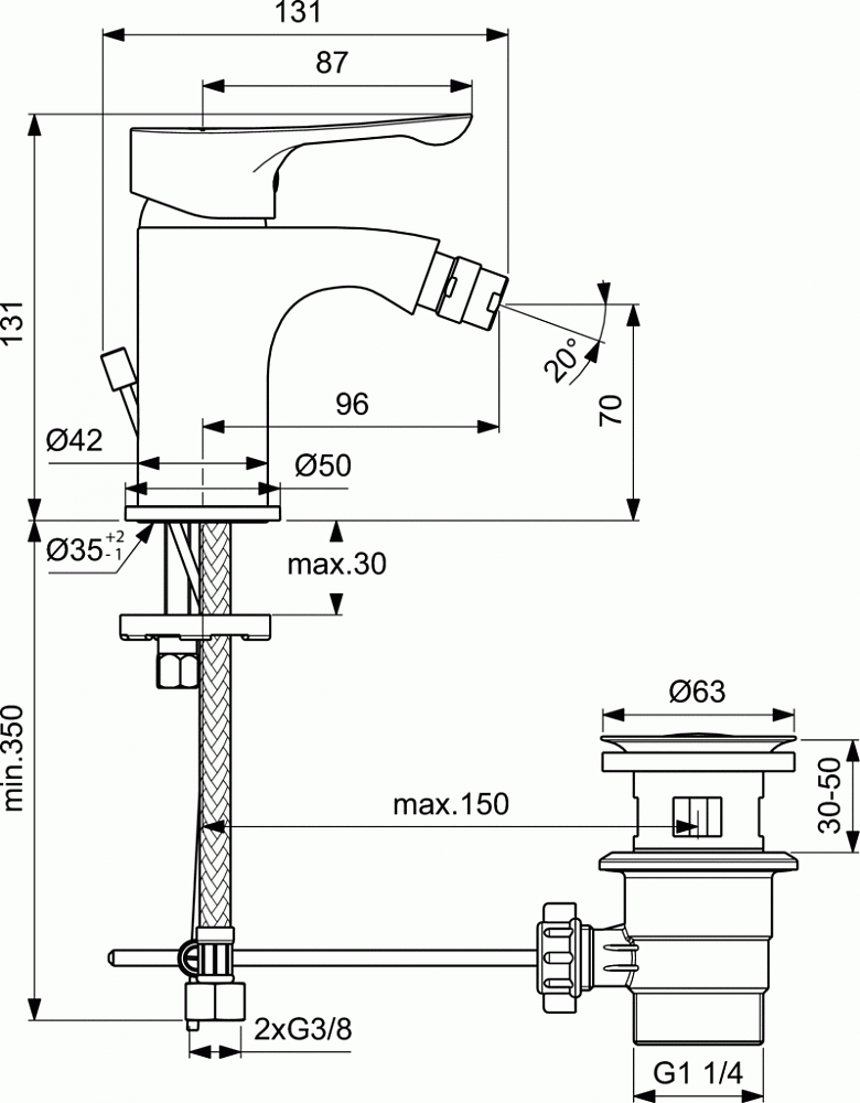 Смеситель Ideal Standard Dot 2.0 BC323AA для биде с донным клапаном - 2