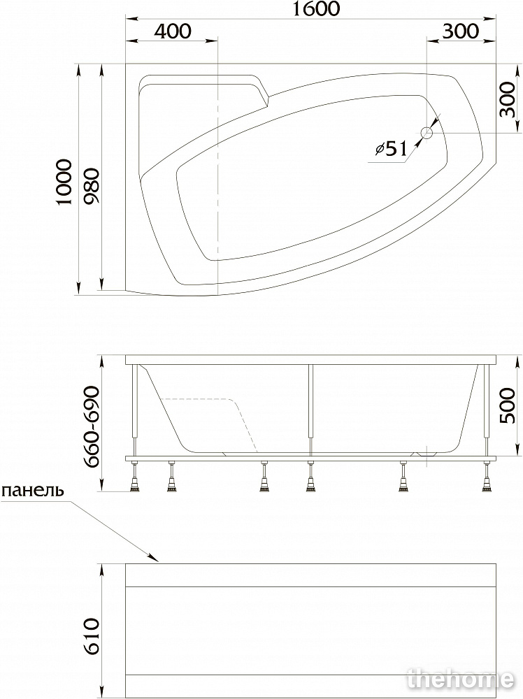 Акриловая ванна 1MarKa Assol 160x100 R - 3