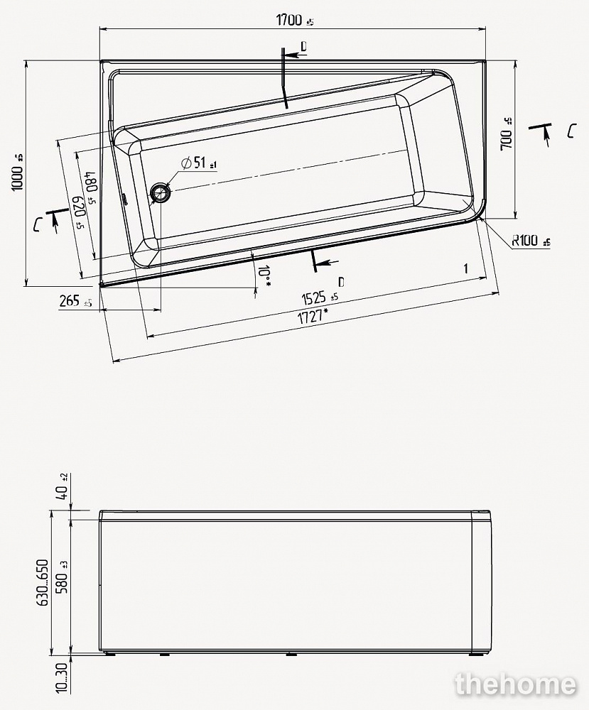 Акриловая ванна 1MarKa Direct, асимметричная 170x100 см R - 4
